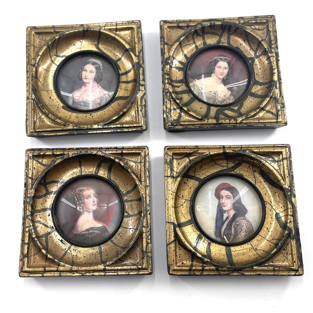 Vintage Set of 4 Miniature Victorian Lady Portraits Gold Crackle Frames 3223 C